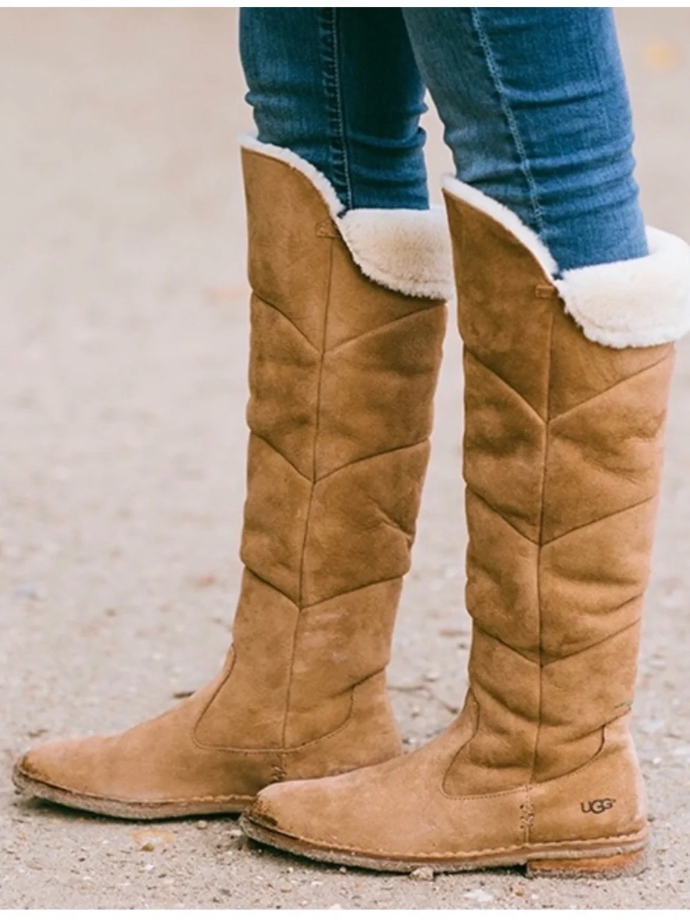 UGG Tall Shearling-Trim Suede Boots in Chestnut